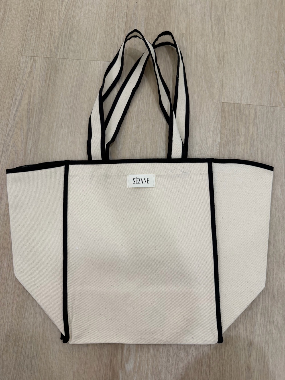 Sezane Canvas Tote Bag in Natural with Black Trim